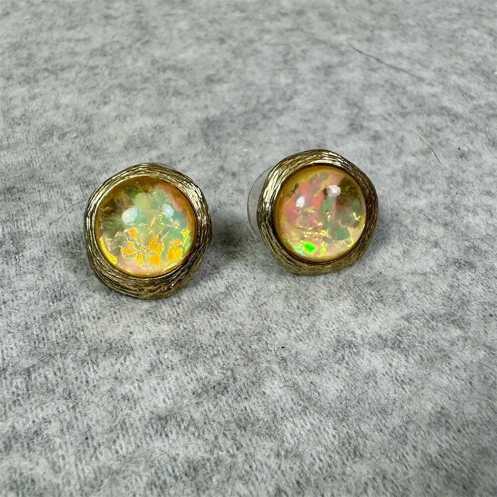 Vintage Stud Earrings Gold Tone Iridescent Simulated Opal Cabochon Round